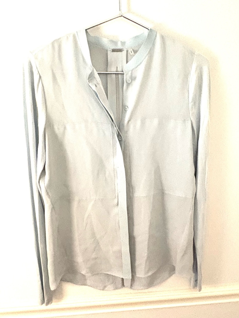 ELIE TAHARI Light Blue, Long-sleeved Silk Blouse Button-up Mandarin Collar